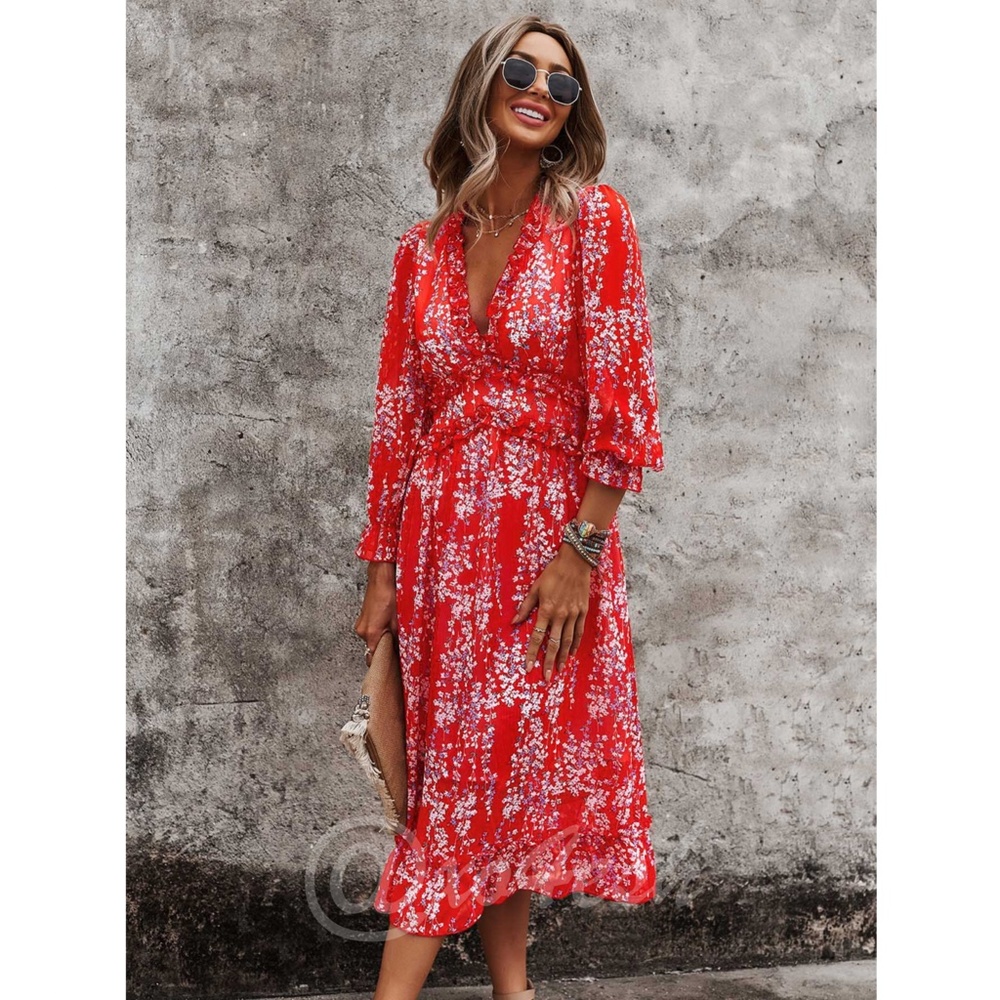 Rouge! Red Floral Midi Dress - Picture 3 of 8